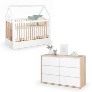 Imagem de Quarto de Bebê Completo Linha Wood com Berço Montessoriano Padrão Americano e Cômoda 6 Gavetas Branco e Nature Premium Divicar em MDF com Acabamento Laqueado UV (BRANCO/CARVALHO TREVISO)