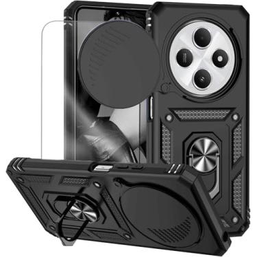 Imagem de Capa para Redmi 14C e Xiaomi Poco C75 Capinha | com 2 peças de protetor de tela temperado com janela deslizante da câmera e suporte para telefone incluídos - Preto