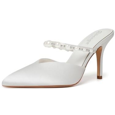 Imagem de RINBONGZ Sapatos femininos de salto alto pérola bico fino fechado para noiva stiletto tira no tornozelo sapatos de cetim elegante noiva formal festa noite trabalho, Cetim branco, 39