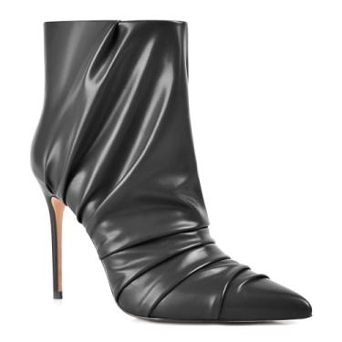 Imagem de JANSEVEN Botas de cano curto femininas de salto alto com franzido moderno bota sexy bico fino stiletto salto alto botas confortáveis botas curtas de puxar bota social 10 cm, Preto, 38