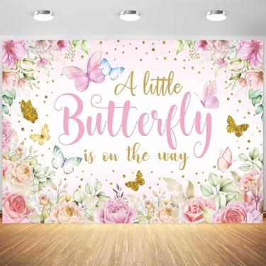 Imagem de Pano de fundo de borboleta para chá de bebê de 2,1 x 1,5 m, decoração de festa rosa para chá de bebê, flores rosas, borboletas, fundo fotográfico, banner de mesa de bolo, adereços de estúdio