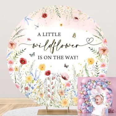 Imagem de OERJU Capa de fundo redonda para chá de bebê com flores silvestres A Little Wildflower is On The Way, tema floral, tema floral, chá de bebê, para decoração de festa de recém-nascidos, círculo, arco, 2