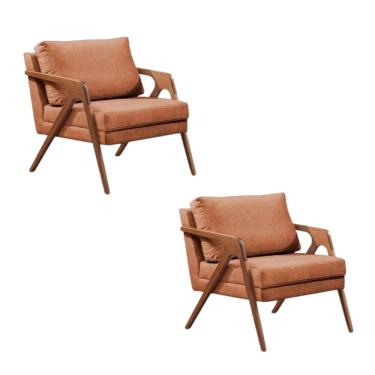 Imagem de Kit 02 Poltronas Decorativa Mona Luxo Base Em Madeira Maciça Linho Terracota