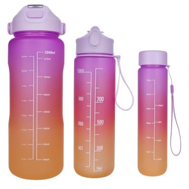Imagem de Kit 3 Garrafas Squeeze Coloridas Motivacional, Design Moderno,2 litros, 700ml e 300ml, Portátil, Cilíndrico, para Academia, Escritório e Escola (Roxo/Vermelho/Laranja)