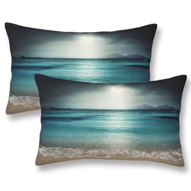 Imagem de ZYNTIRAX Capas de almofada estilo náutico de praia escura, tropical, oceano, litoral, lombar, 30 x 50 cm, conjunto de 2 fronhas retangulares com tema de mar arenoso para sofá-cama em casa