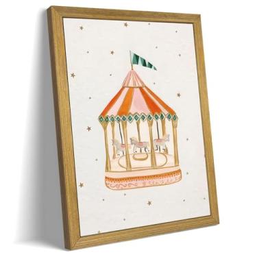 Imagem de Arte de parede de carrossel emoldurado em madeira, pinturas de decoração de parede de berçário para quarto de bebê, pôster bonito de impressão em tela carrossel, arte caprichosa para quarto de