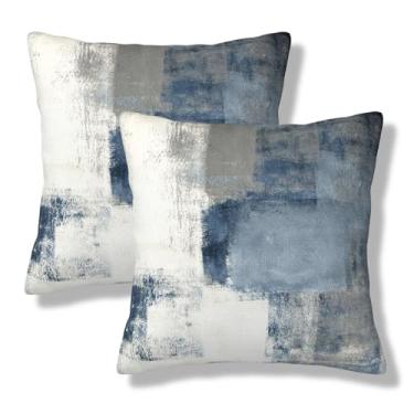 Imagem de NOCTILYRA Capas de almofada de pintura abstrata moderna 50 x 50 conjunto de 2 fronhas de pelúcia curtas azuis, brancas e cinza, arte quadrada, fronhas decorativas para sofá-cama e sofá