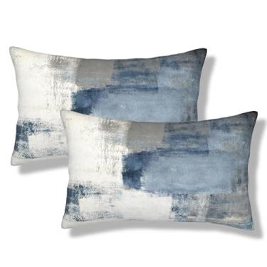 Imagem de NOCTILYRA Capas de almofada lombar com pintura abstrata moderna, conjunto de 2 fronhas de pelúcia curtas, azuis, brancas e cinza, arte retangular, fronhas decorativas para sofá-cama e sofá