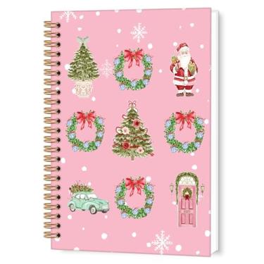 Imagem de TWRVI Caderno espiral de Natal chinoiserie rosa, coquete com laço vermelho, guirlanda de Natal, caderno pautado para faculdade, material escolar, cadernos de diário, flocos de neve, 14 x 8,7 cm, 164