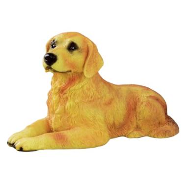 Imagem de POYUFRG Estátuas de cachorro de jardim, bonito pequeno Golden Retriever, coleções de resina ao ar livre estatuetas decoração para enfeites de pátio gramado quintal, amarelo, 42 * 23,5 * 25 cm