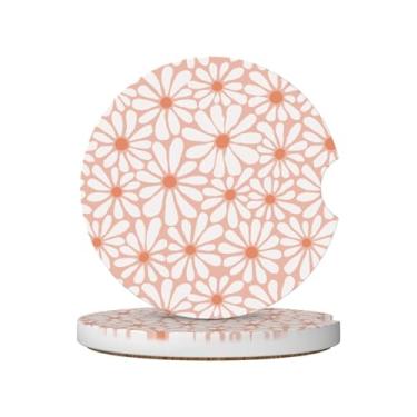 Imagem de Porta-copos florais laranja e branco para porta-copos, 2 porta-copos de carro para carro, porta-copos de carro absorvente de cerâmica com entalhe de dedo e base de cortiça, acessórios de interior de