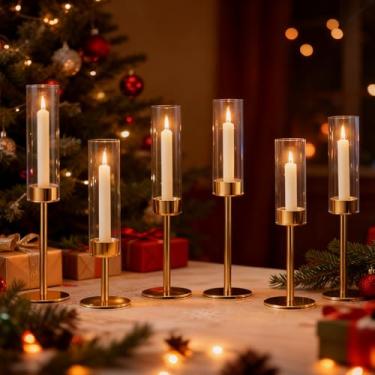 Imagem de PHOSPHOR Castiçal Gold Hurricane de 6 peças de vidro alto com moldura de metal dourado para centros de mesa, casamentos, Natal, festas, decoração de casa