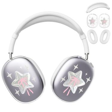 Imagem de BlHMCASE Capa de fone de ouvido para AirPods Max, linda capa para fones de ouvido Y2K Star Pink Bow Clear Ear Cups, capa de silicone branca para fones de ouvido para Apple AirPods Max