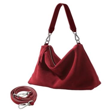 Imagem de Bolsa feminina de camurça de couro legítimo, bolsa de camurça, vintage, despojada, Hobo, bolsa tiracolo, Vermelho