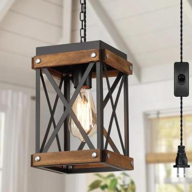 Imagem de Luz pendente RKUCSR, madeira rústica, metal, 17x17x25 cm, preta