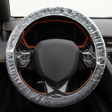 Imagem de HQRNYP 100 peças de capas de volante descartáveis, protetor de volante, capas de plástico transparente para interior de carro universal, protetor de veículo com faixas elásticas adequadas para a