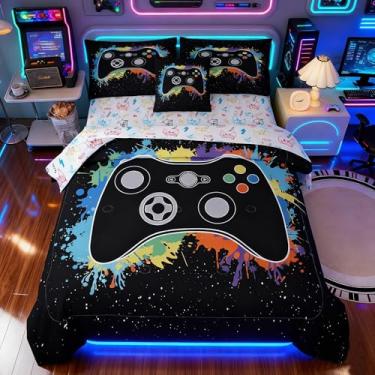 Imagem de Peopleareok Jogo de cama casal, 6 peças, design de controle de jogo preto 3D, cama de solteiro, edredom em uma bolsa, cama de videogame, microfibra macia, para meninos e crianças em todas as estações