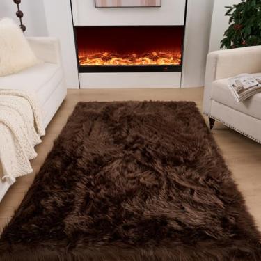 Imagem de CKLZSAY Tapete de pele de carneiro de pele sintética super macio e fofo tapete de área de pelúcia para quarto de criança almofada de sofá para sala de estar tapetes de cabeceira (café, retângulo de 3