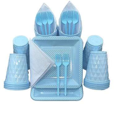 Imagem de Kit Festa Aniversario 180 Itens Candy Descartavel Diamante Premium C/Pratos Copos Garfinho Cor Pastel Azul Rosa Amarelo (Azul Candy)