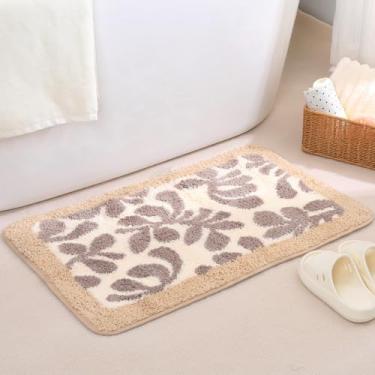 Imagem de Tyrafry Tapete de banho com padrão de folha - tapete de banheiro extragrosso, tapete de pelúcia macio antiderrapante para banheiro e quarto, lavável na máquina, marrom claro, 20" x 31" (50 x 80 cm)