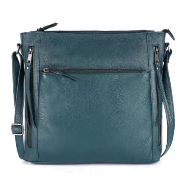 Imagem de LEDERBUCK Bolsa de ombro feminina Grace Soft Napa, couro verdadeiro, grande, cruzada, com zíper duplo, Azul-petróleo, Large, Bolsa tiracolo