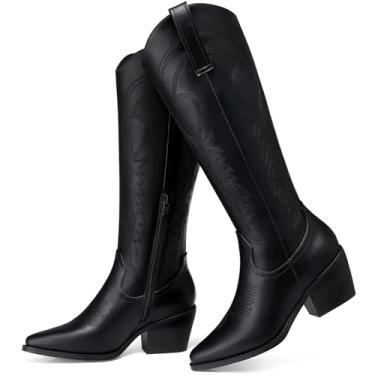Imagem de TEMOFON Botas de cowboy para mulheres: Botas de cano alto, bico fino, salto grosso, panturrilha larga com zíper lateral, outono inverno, 18 preto, 36