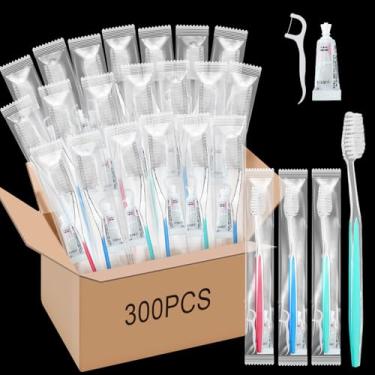 Imagem de Maxcheck 300 conjuntos de escovas de dentes descartáveis a granel com pasta de dente e fio dental embalados individualmente para viagem conjunto de escovas de dentes para desabrigados para hóspedes de