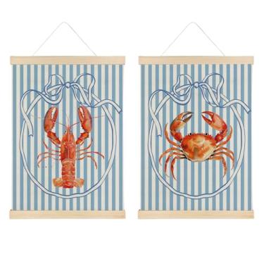 Imagem de ATBWGT Coquette decoração de parede de caranguejo lagosta com laço azul, decoração de quarto de praia costeira, moldura de pôster de caranguejo oceano listrado azul preppy para cabana de casa de praia