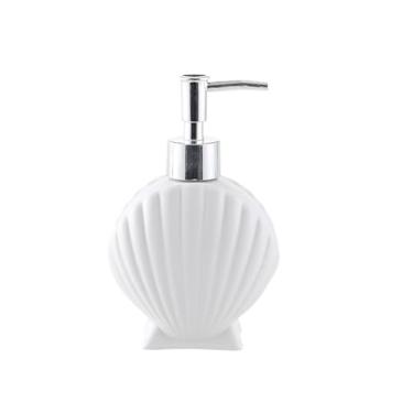 Imagem de Dispensador de sabão Dispensador de sabão cerâmica para banheiro, 280ml, com cabeça bomba prateada, formato concha, dispensador líquido para bancada(Branco)