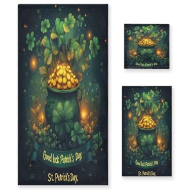 Imagem de Blueangle Conjunto de toalhas decorativas de banheiro com padrão de pote dourado do dia de São Patrício, conjunto de 3 peças com toalha de banho, toalha de mão e toalha de banho (202)