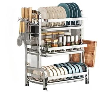 Imagem de Escorredor Organizador de Louças 2 andar 3 andar Preto Aço Inoxidável Rack ES (WDJ-3 Andar Prata)