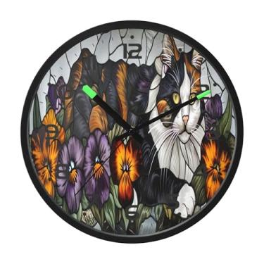 Imagem de SEHANY Pintura esmaltada de relógio de parede de gato, silencioso, sem tique-taque, relógio redondo operado por bateria, controle de som, luz noturna, relógios de parede para sala de estar, cozinha