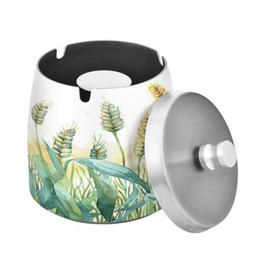 Imagem de Blueangle Cinzeiro de campo de trigo em aquarela com tampa para cigarros, à prova de vento/chuva, aço inoxidável, sem fumaça, inodoro, cinzeiro para uso interno ou externo (321)