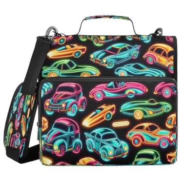 Imagem de ATTX Fichário Neon Cars com zíper com alça acolchoada ajustável - 3 anéis com capacidade para 500 folhas com organizador de vários bolsos, serve para laptop de 30 cm #579