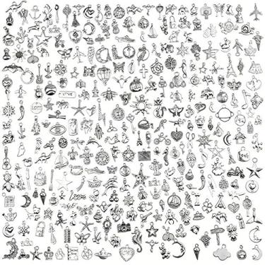 Imagem de Amuletos de fabricação de joias de prata a granel: 300 peças de pingentes pequenos vintage variados de metal para fabricação de brincos, colar e chaveiro de pulseira faça você mesmo, pingente pequeno