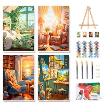 Imagem de Camocin Kit de pintura emoldurada por números para adultos com cavalete de madeira, pintura de paisagem por números com moldura para iniciantes, kits de pintura para adultos por números em tela