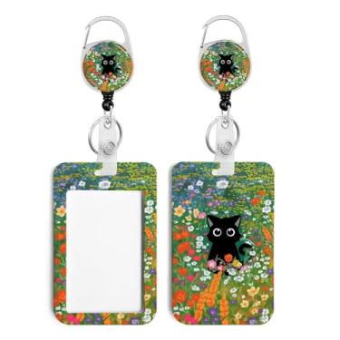 Imagem de Cordão floral de gato fofo para suporte de crachás, chaveiro retrátil, carretel de crachá fofo com clipe mosquetão de rotação de 360 graus