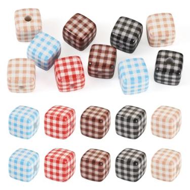 Imagem de Beadthoven 10 peças de contas de acrílico opacas cubo de 14 mm com padrão xadrez contas soltas cores mistas contas espaçadoras quadradas para pulseira faça você mesmo, colar, brincos, canetas