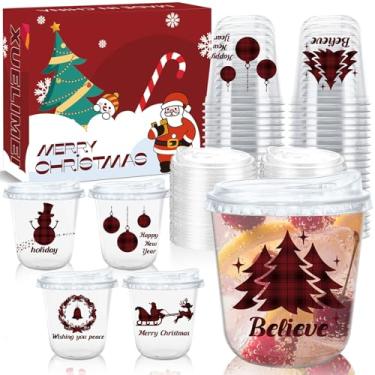 Imagem de Xuelimei Copos de plástico descartáveis de Natal de 340 g com tampas de gole sem canudo - vermelho preto árvore de Natal Papai Noel rena copos para bebidas de suco de café de inverno para festas de