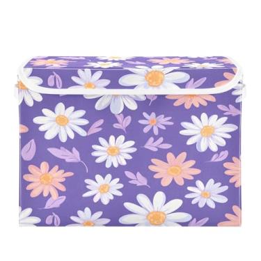 Imagem de CEBUGI Caixotes de armazenamento com tampas, caixa de armazenamento de tecido dobrável, margaridas coloridas, compartimentos organizadores de armazenamento para armário de casa prateleiras de quarto