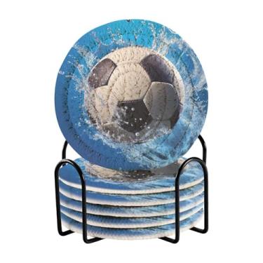 Imagem de Wassud Porta-copos com suporte bola de futebol em água absorvente de respingos de água conjunto de porta-copos para decoração de casa, proteção de mesa, 6 peças