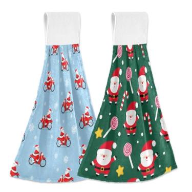 Imagem de Wassud Toalhas de mão penduradas de cozinha, pacote com 2, toalhas de banheiro super macias de Papai Noel passeios de motocicleta pirulito com laços de adesivos mágicos, toalha de secagem rápida