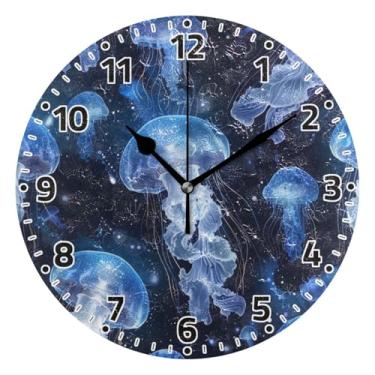 Imagem de WELLDAY Relógio de parede sem tique-taque 25,4 cm - Água-viva azul branco operado por bateria relógio redondo silencioso para casa/escritório/cozinha/sala de aula