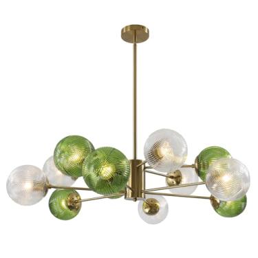 Imagem de Lustre de vidro com 12 lâmpadas em formato de bolha, luminária pendente de vidro verde, plafon com globo grande, lustre Sputnik dourado em latão escovado, luminária moderna para sala de jant