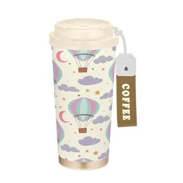 Imagem de Wassud Balões de ar quente isolado caneca de café de viagem copo à prova de vazamento com tampa e canudo garrafa de água de aço inoxidável para café quente/gelo, chá e cerveja