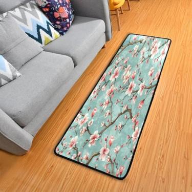 Imagem de WELLDAY Tapete de corredor turquesa floral branco, tapete de corredor de 5 x 15 cm, antiderrapante, lavável, tapete de cozinha para quarto, entrada, lavanderia, sala de estar