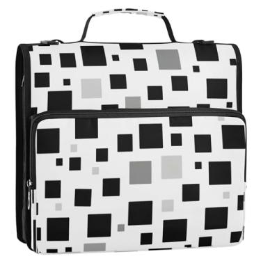 Imagem de Wassud Fichário quadrado preto e branco com zíper 3 anéis com alça de ombro e alça vários bolsos expansível organizador de pasta de arquivo