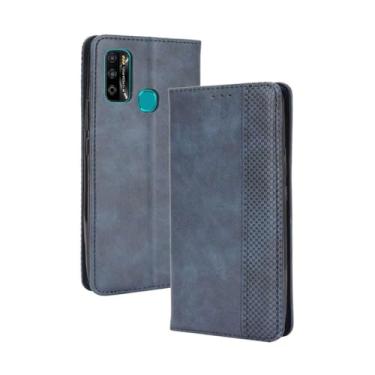 Imagem de Capa flip de couro para Infinix Hot 9 Play X680,Flip magnético retro,Caso de telefone de couro PU,Design de carteira com 3 slots de cartão e 1 clipe de dinheiro -Blue