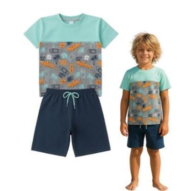 Imagem de Conjunto Verão Infantil Juvenil Masculino Camiseta reforço na gola Bermuda Moletinho Roupa Menino-Masculino