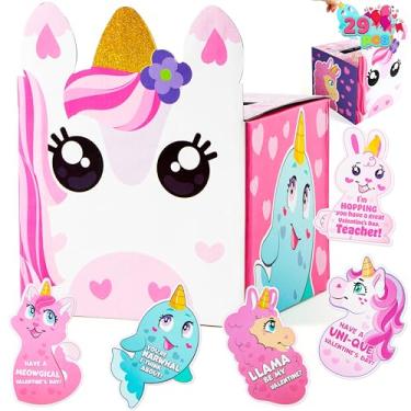 Imagem de JOYIN Caixas de dia dos namorados, unicórnio, sala de aula, com cartões para lembrancinhas de festa infantil, prêmios de troca de sala de aula, incluindo 1 caixa de correio de unicórnio e 28 cartões